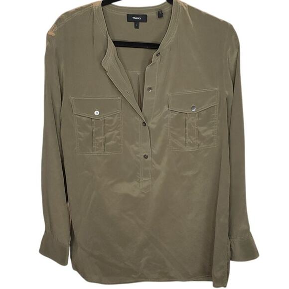Theory Silk Brown Button Down Blouse Long Sleeve Utility Style Top Size L - Picture 1 of 7
